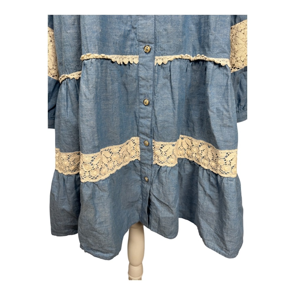 Johnny Was Laguna Pieced Dress Sz Lg Blue Chambray Tunic Lace Trim Bohemian Fall - Picture 5 of 16